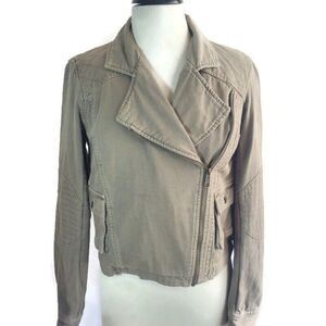 Michael Stars Moto Jacket Lightly Distressed Quilt Details Cotton Khaki Green M